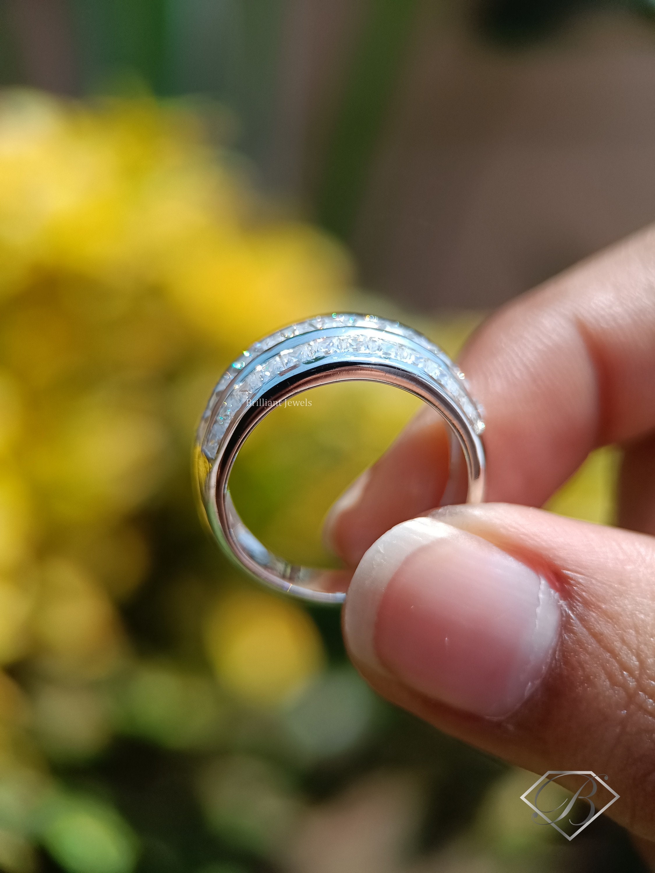Dome Channel Set Baguette Wedding Band Princess Cut