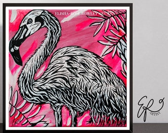 Hot Pink, Black & White Flamingo Art Print, Acrylic Art, Physical Print, Square, Unframed, Wildlife, Animal Home Art - Elisha-Rose Rowley