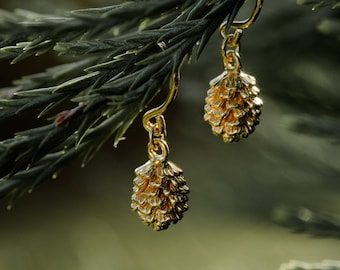 Forest Pine Cone Earrings Sterling Silver Gold Plated