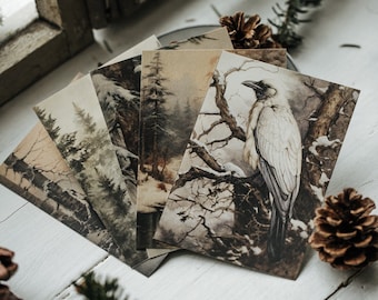 Postcard set winter forest 5 postcards - nature, wolf, deer, winter hut, raven