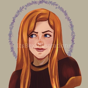 May include: A digital illustration of a woman with long, red hair. She is wearing a black sweater with gold accents. The background is a light gray with a purple floral wreath around her head.