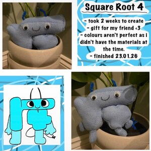 May include: A light blue, handmade plush toy shaped like the number four, with googly eyes and a smiling face. It's placed in a white ceramic pot with green foliage. The text "Square Root 4" is visible in the image.