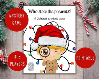 May include: A printable Christmas mystery game titled "Who Stole the Presents?" featuring a cartoon detective wearing a Santa hat and holding a magnifying glass. The game is for 4-8 players and is a Christmas 'whodunit' game.