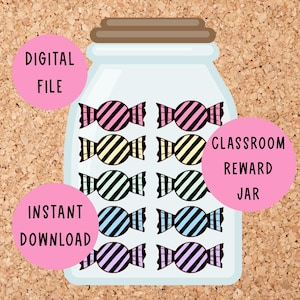 Könnte beinhalten: Ein digitaler druckbarer Klassenzimmer-Belohnungstopf mit einer Glas-Topf-Illustration und bunten Bonbon-Illustrationen. Der Text "Classroom Reward Jar" befindet sich auf einem rosa Kreis. Der Text "Instant Download" befindet sich auf einem rosa Kreis. Der Text "Digital File" befindet sich auf einem rosa Kreis.