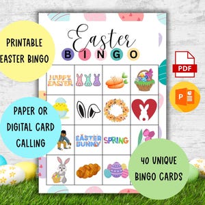 Oster-Bingo-Spiel 40 Einzigartige Druckbare Bingokarten + Digitale Calling Cards PDF und Powerocke + Druckbare Preise für die Sieger im Klassenzimmer Ostern