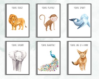 Watercolor Animal Art Print Set of 6, Nursery Decor, Wall Art, Gift, Kids Bedroom, Digital Download, Positive Affirmations for Children