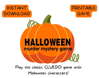 May include: A large orange pumpkin illustration with green vines and stems. The text reads: INSTANT DOWNLOAD, PRINTABLE GAME, HALLOWEEN murder mystery game, and Play the classic CLUEDO game with Halloween characters! The design is on a white background.