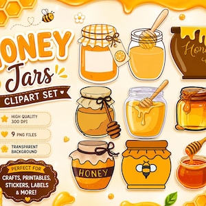 Op de afbeelding: Een digitale clipartset met negen honingpotten en honinglepels in verschillende stijlen, waaronder glazen potten met deksels, een bruine keramische pot en honingraten. De tekst luidt HONEY Jars CLIPART SET, HIGH QUALITY 300 DPI, 9 PNG FILES.