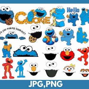 May include: A collection of digital illustrations featuring blue Cookie Monster characters in various poses with chocolate chip cookies, the text "COOKIE", "Hello", and "Are you making cookies!?", alongside red Elmo characters and character faces.