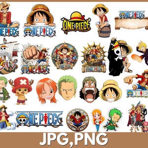 May include: A collection of digital stickers featuring One Piece characters including Luffy, Zoro, Nami, Chopper, and Sanji in various poses, along with the One Piece logo, ship illustrations, and text elements, presented as a set of graphic designs.