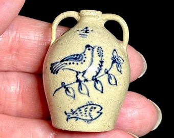 IGMA Jane Graber Pottery - Stunning Rare Floral Bird & Fish Jug - Dollhouse Colonial Primitive - Handmade 12th Scale - Blue Stoneware