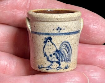 IGMA Jane Graber Pottery - Stroppy Cockerel Crock - Dollhouse Colonial Primitive - Handmade 12th Scale - Blue Stoneware