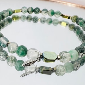 Moss Agate and Jade 4mm Genuine Gemstone Stretch Bracelet