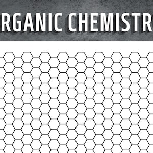 Puede incluir: Una hoja imprimible en blanco y negro con un patrón repetitivo de hexágonos. La hoja está titulada "Química orgánica".