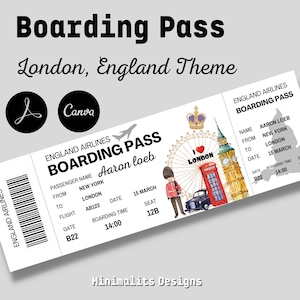 London Boarding pass, Editable Boarding Pass, Vacation ticket, Printable Airline Ticket, Boarding Pass Surprise Trip, Digital Download