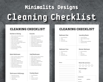 May include: Two-page cleaning checklist with headings like "Kitchen & Dining" and "Bedroom One." The checklist includes checkboxes for tasks such as wiping counters, cleaning appliances, and vacuuming. The top of the page reads "Minimalits Designs Cleaning Checklist."