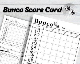 May include: A printable Bunco scorecard with a black and white design. The scorecard has spaces for six games and includes a roll column with dice images.