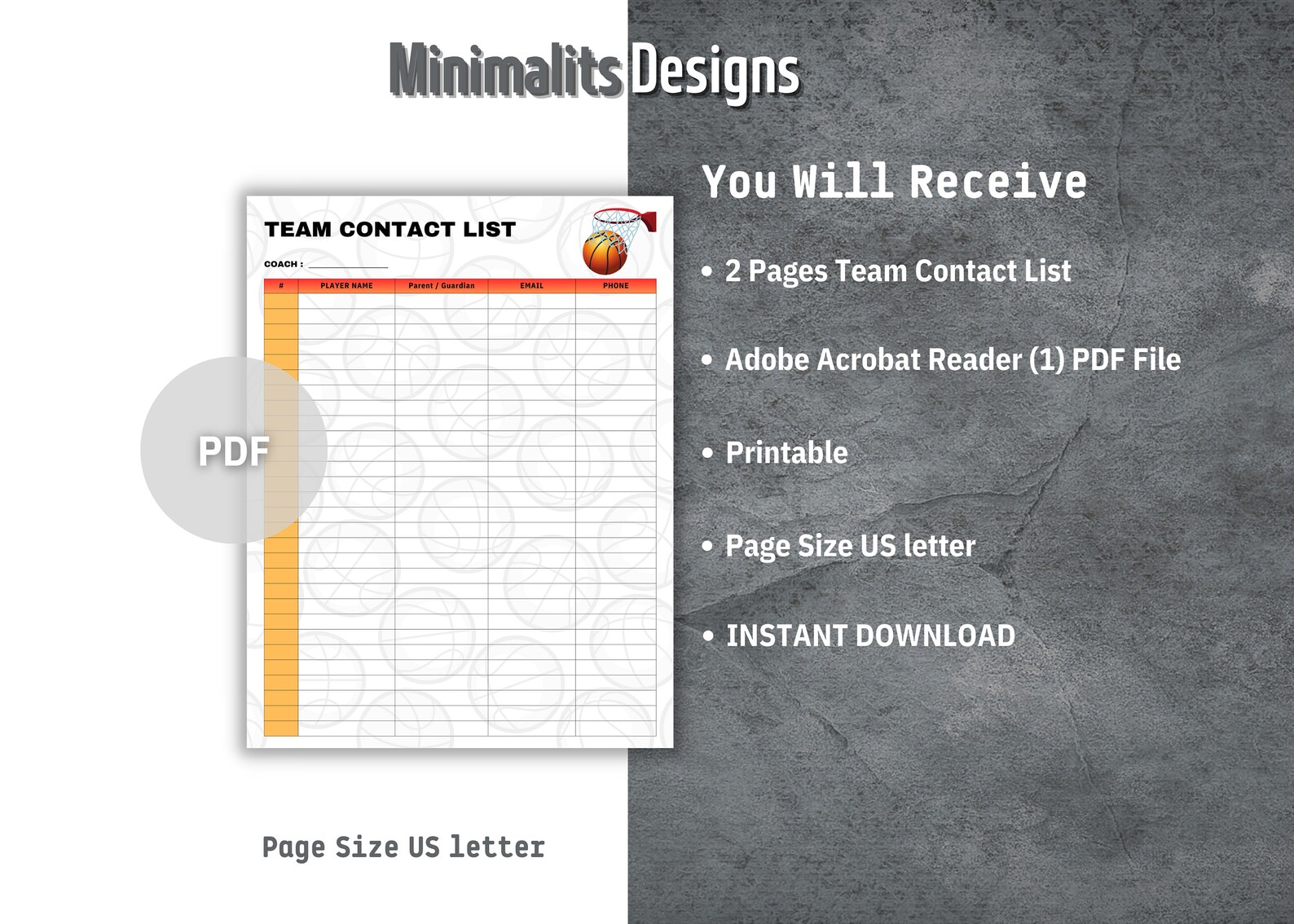 Basketball Team Contact List, Information Sheet, Printable Contact ...