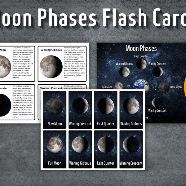 Moon Phases Flash Cards, Preschool Flashcards, Printable Montessori Cards, Lunar Phase Flash card, Homeschooling, Instant Download