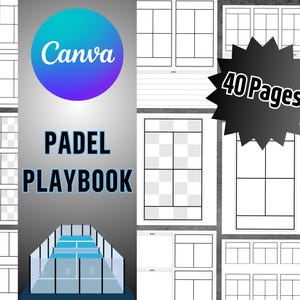 Puede incluir: Un libro de jugadas digital para pádel, con 40 páginas de cuadrículas y diagramas en blanco. La portada presenta una ilustración azul y blanca de una cancha de pádel y el texto "Canva Padel Playbook".