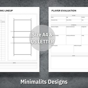 May include: Printable black and white player evaluation and starting lineup forms. The forms include sections for player name, age, date of birth, position, club, physical strengths, weaknesses, technical weaknesses, rating, short-term goals, medium-term goals, and notes.
