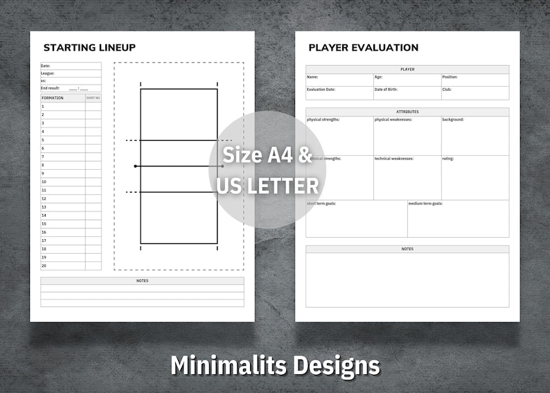 May include: Printable black and white player evaluation and starting lineup forms. The forms include sections for player name, age, date of birth, position, club, physical strengths, weaknesses, technical weaknesses, rating, short-term goals, medium-term goals, and notes.