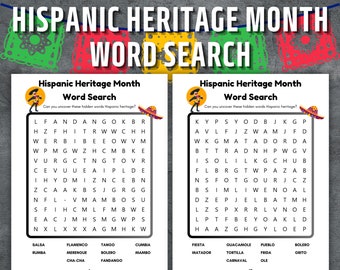 Hispanic Heritage Month, Printable Hispanic Word Search, Celebrate Hispanic Heritage, Hispanic Nations Games, Word Search, Instant Download