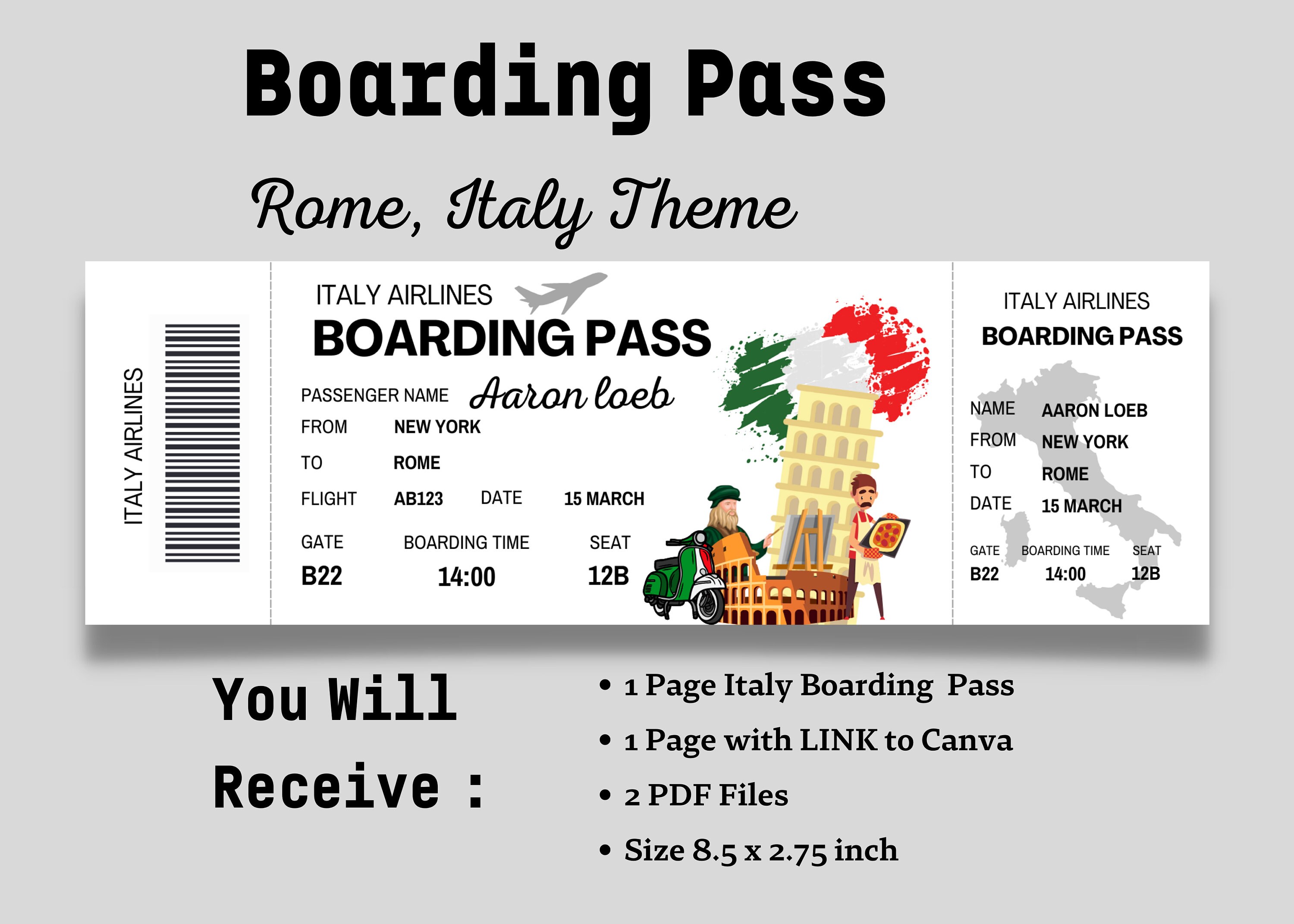 Italy Boarding Pass, Editable Boarding Pass, Vacation Ticket, Printable