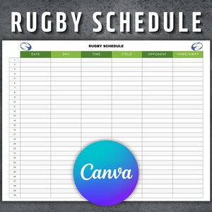 Modèle de calendrier de rugby, calendrier de rugby imprimable, calendrier modifiable des matchs de rugby, jeux de la saison de rugby, calendrier des jeux, modèle Rugby Canvas