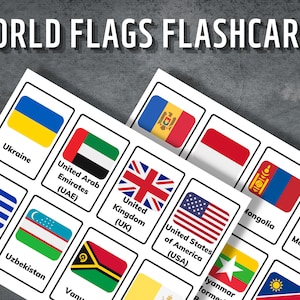 Cartões de memória flash de bandeiras do mundo, cartões de memória flash para impressão, cartões de memória flash de países das Nações Unidas, bandeiras de países pré-escolares, 197 bandeiras, download instantâneo