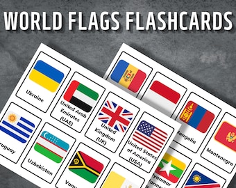 Tarjetas didácticas con banderas del mundo, tarjetas didácticas imprimibles, tarjetas didácticas con los países de las Naciones Unidas, banderas de países preescolares, 197 banderas, descarga instantánea