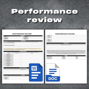 Peut inclure: Un document intitulé « Bilan de performance » avec deux pages de formulaires. Les formulaires comprennent des sections pour l'auto-évaluation, l'évaluation des performances et les plans de développement. Une icône Microsoft Word et une icône DOC sont également présentes.