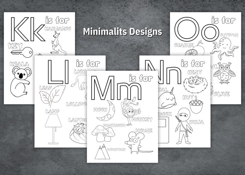 May include: Black and white printable alphabet flash cards featuring the letters K, L, M, N, and O. Each card has a large letter and several images of objects that start with that letter. The text "is for" appears above each letter.