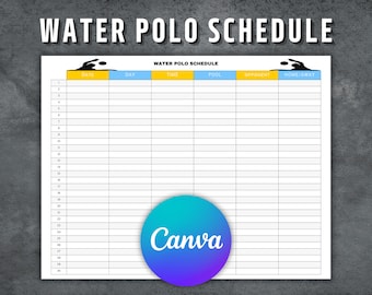 May include: A printable water polo schedule template with columns for date, day, time, pool, opponent, and home/away. The template is designed for a team to track their water polo games.