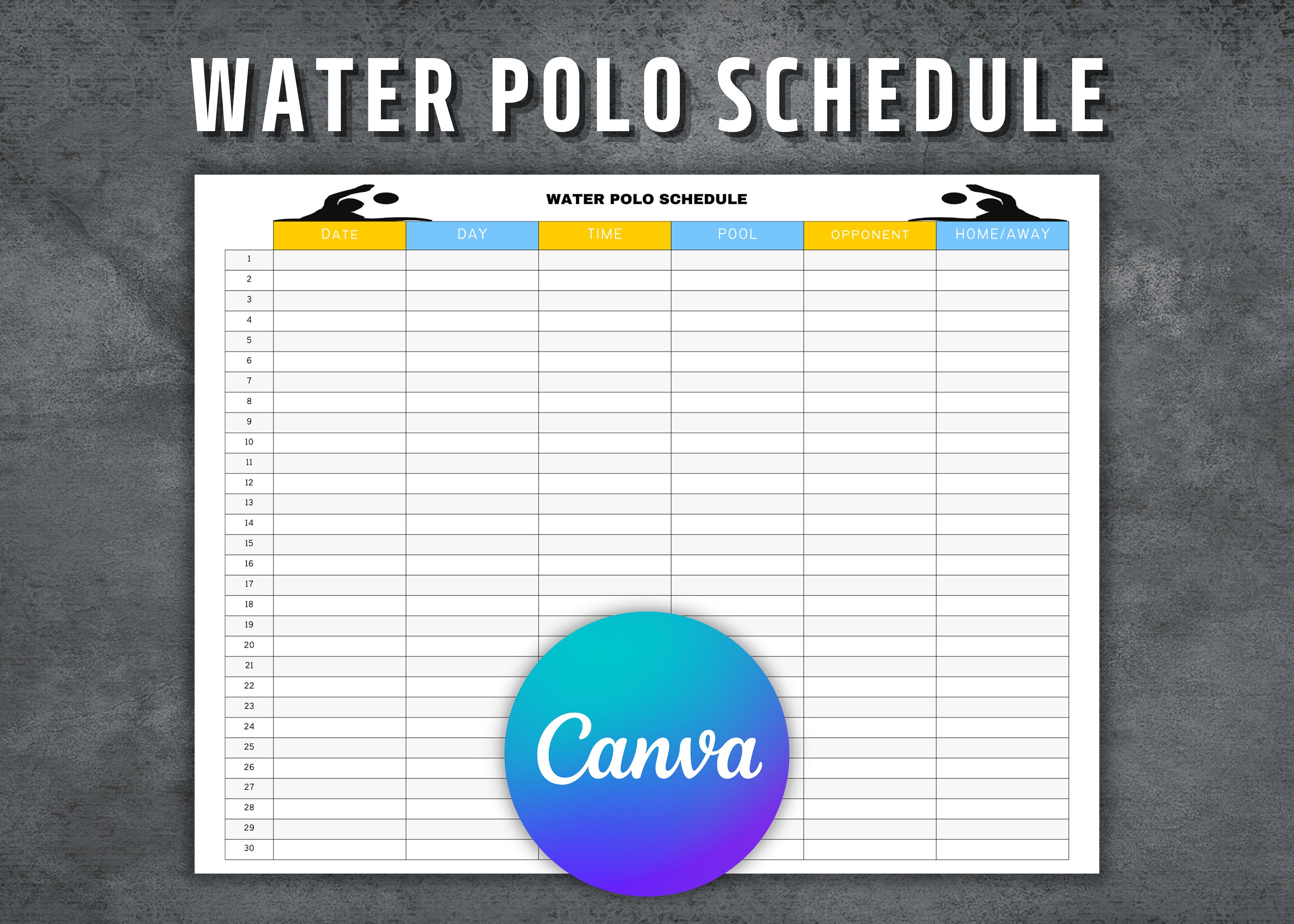 Water Polo Schedule Template, Printable Water Polo Schedule, Editable