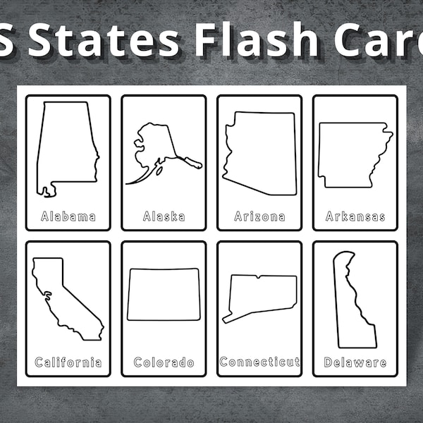 US States Flash Cards, Preschool Flashcards, Printable Montessori Cards, 50 States Cards, Homeschooling, Nomenclature Cards, USA Flashcards