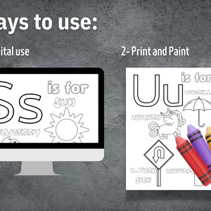 May include: Black and white printable coloring page featuring the letter 'S' and the letter 'U'. The letter 'S' is for strawberry and sun. The letter 'U' is for unicorn, umbrella, and u-turn sign.