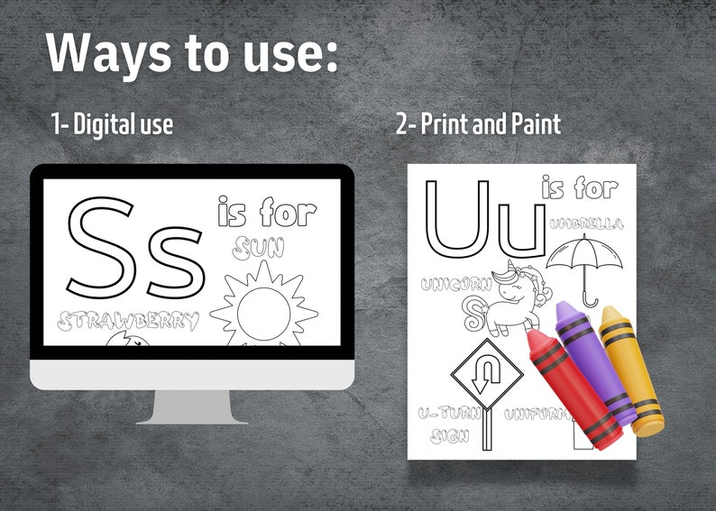 May include: Black and white printable coloring page featuring the letter 'S' and the letter 'U'. The letter 'S' is for strawberry and sun. The letter 'U' is for unicorn, umbrella, and u-turn sign.