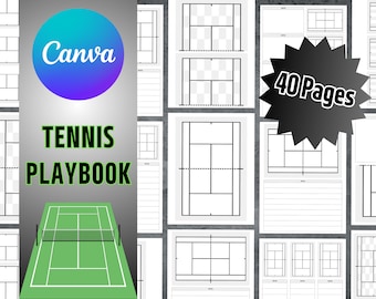 May include: A printable tennis playbook with 40 pages featuring a tennis court diagram on each page. The cover features a green tennis court with a net and the text "Tennis Playbook".
