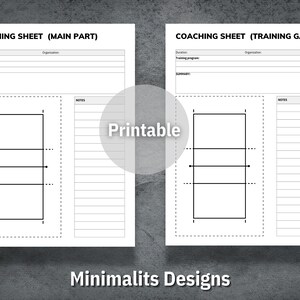 May include: Printable coaching sheet with a blank volleyball court diagram, space for notes, and sections for duration, training programme, organisation, and summary. The text "COACHING SHEET (MAIN PART)" and "COACHING SHEET (TRAINING GAME)" is at the top of each sheet.