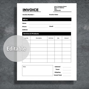 Invoice Template, Editable Invoice, Invoice Sheet, Printable Invoice ...