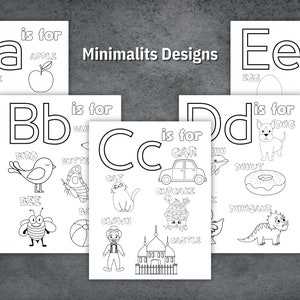 May include: Black and white printable alphabet flash cards featuring uppercase and lowercase letters with illustrations of objects starting with each letter. The letters are outlined in black and the illustrations are simple line drawings. The text on the cards includes the letter, "is for", and the name of the object.