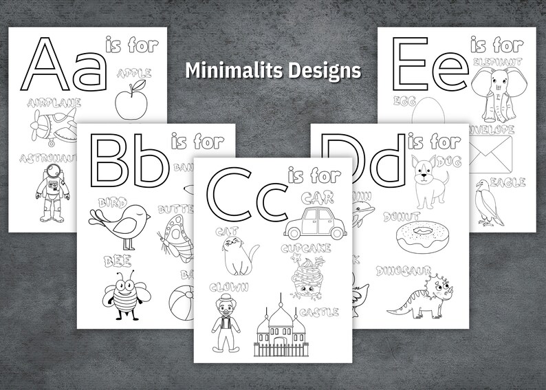 May include: Black and white printable alphabet flash cards featuring uppercase and lowercase letters with illustrations of objects starting with each letter. The letters are outlined in black and the illustrations are simple line drawings. The text on the cards includes the letter, "is for", and the name of the object.