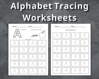 May include: Black and white printable worksheet for tracing the letter A. The worksheet includes a large letter A to color and a word to complete, "_pple", with an apple illustration. The worksheet also includes multiple boxes to trace the letter A.