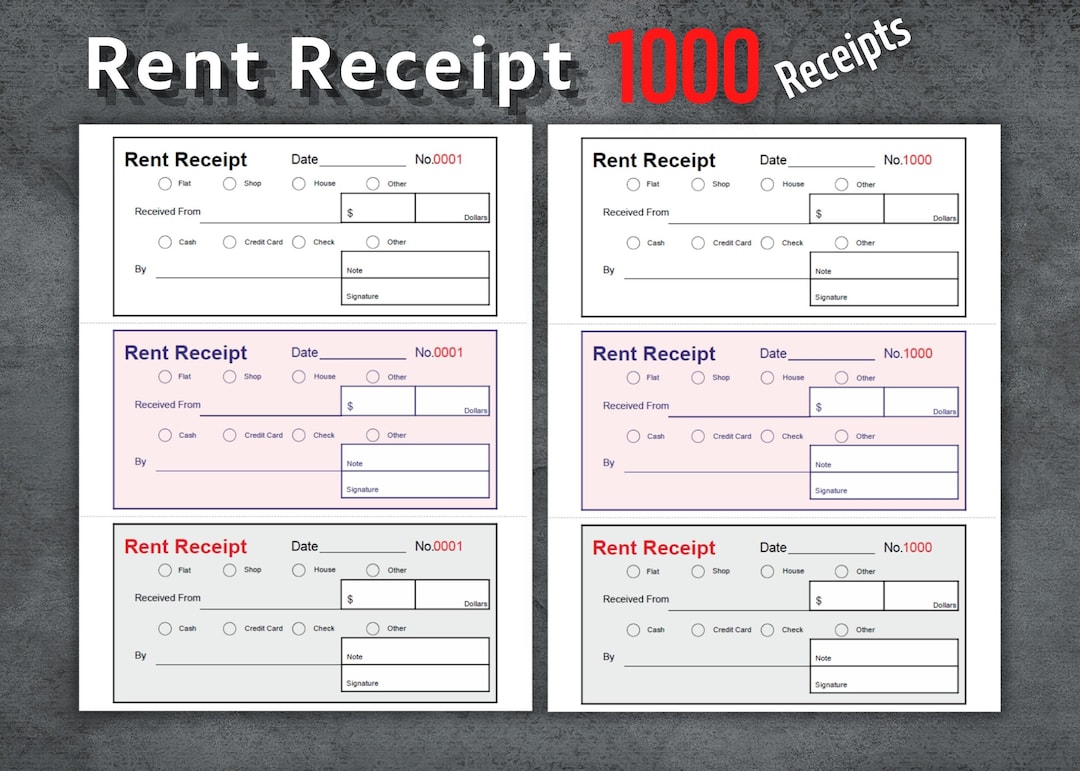 Rent Receipt, Printable Receipt, 1000 Rent Receipt, Cash Receipt, Rent ...