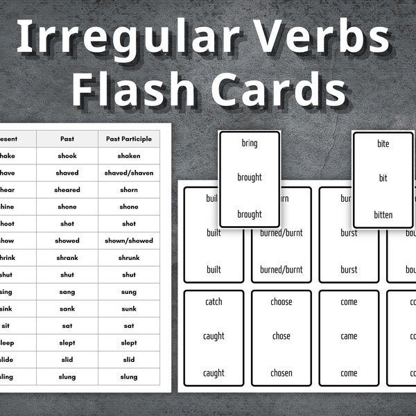 Irregular Verbs Flash Cards, Preschool Flashcards, Printable Montessori Cards, Irregular Verbs Flash Card, Homeschooling, Irregular Verbs