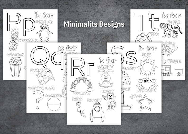 May include: Black and white printable alphabet flash cards featuring the letters P, Q, R, S, and T. Each card includes the letter, a picture, and words for the letter.  The words are: Pineapple, Popcorn, Penguin, Quilt, Question Mark, Quarter, Rainbow, Rose, Rocket, Rabbit, Strawberry, Sun, Spider, Star, Tiger, Tree, Turtle, Train.