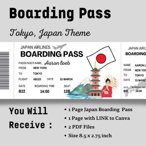 May include: A printable boarding pass template with a Japanese theme. The template features a red and white Japanese flag, a pagoda, and a woman in a traditional kimono. The text on the template reads "Japan Airlines Boarding Pass".