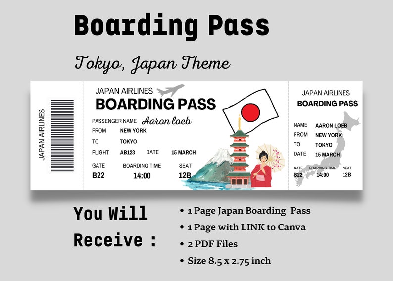 May include: A printable boarding pass template with a Japanese theme. The template features a red and white Japanese flag, a pagoda, and a woman in a traditional kimono. The text on the template reads "Japan Airlines Boarding Pass".