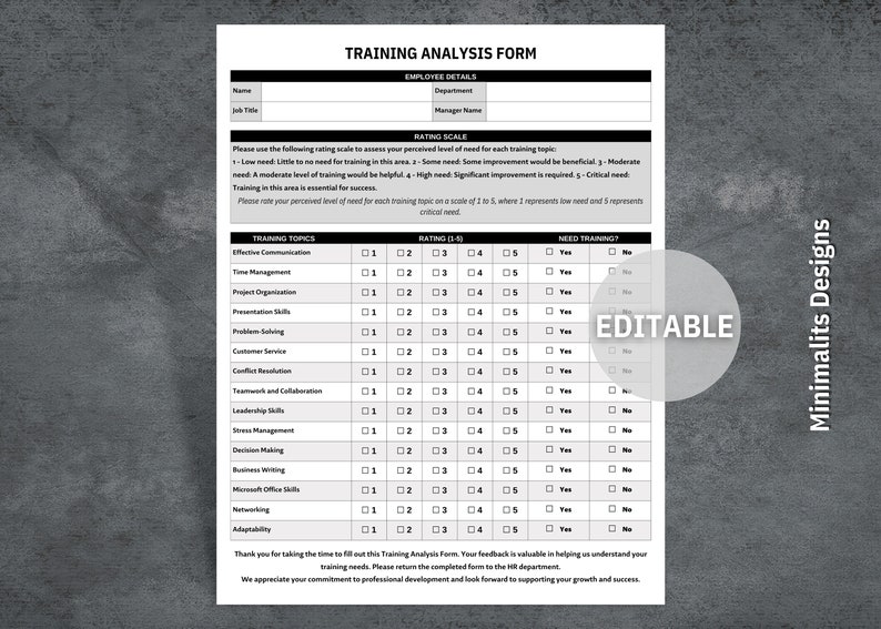Training Topic Form Training Analysis Form, Printable Training Needs Assessment Form, HR ...